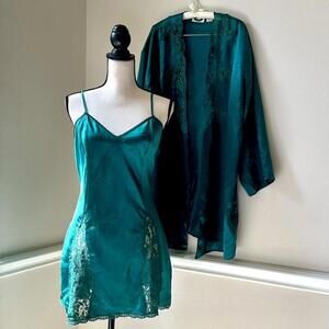 Vintage Victoria’s Secret gold label emerald green satin slip dress & robe set